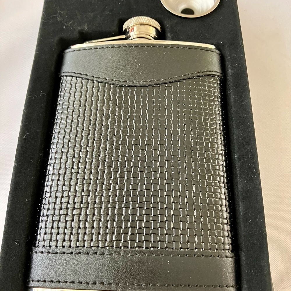 NEW IN BOX - FLASK AND FUNNEL WITH LEATHER COVERING